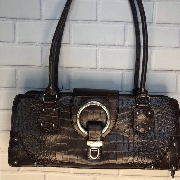 Brown Patent Leather Tote Handbag Purse LR Linear 12 Inches Long 6 Inches Tall - Picture 6 of 12